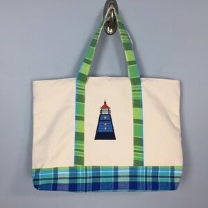 Lighthouse Nautical Themed Plaid Cotton Tote Bag